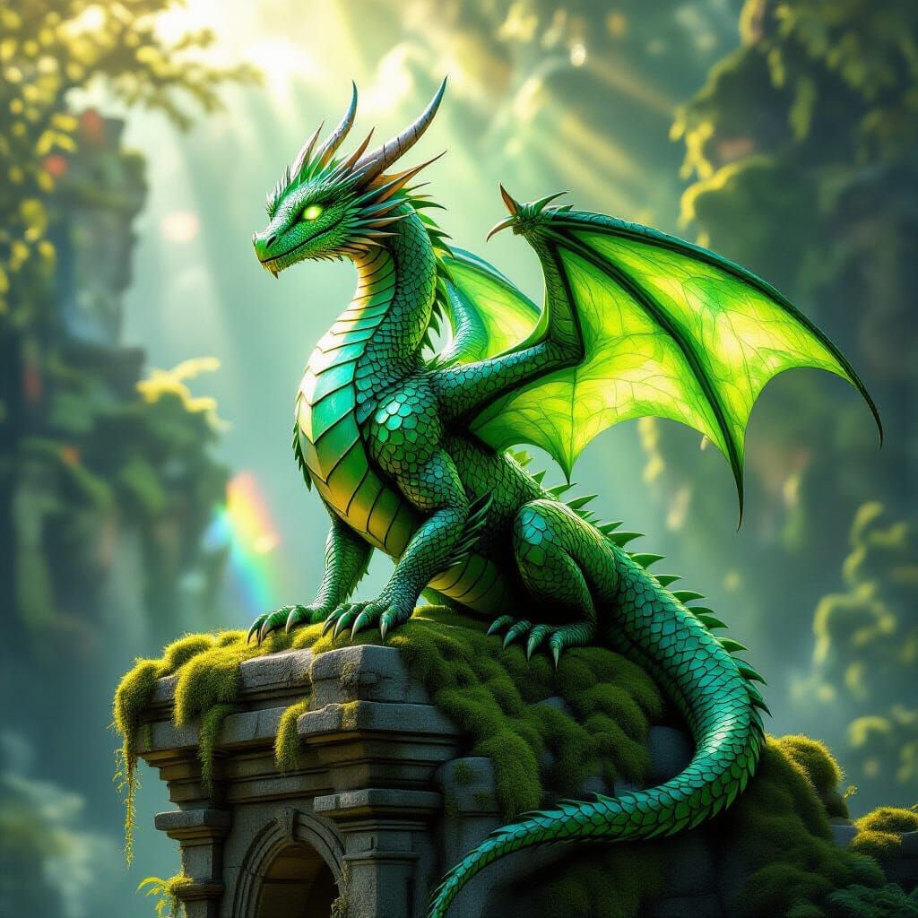 Emerald Crystal Dragon on Ancient Ruins