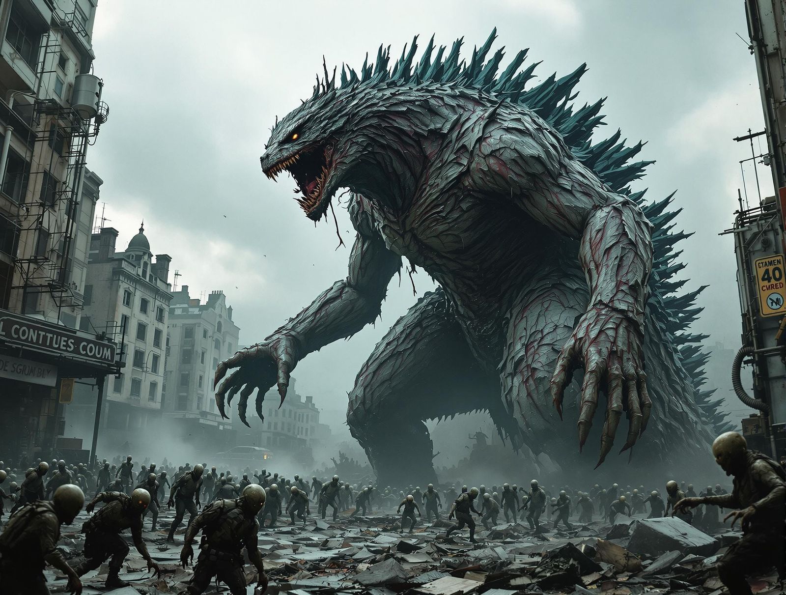 Zombie Godzilla in Destroyed City: Hyperrealistic HDR