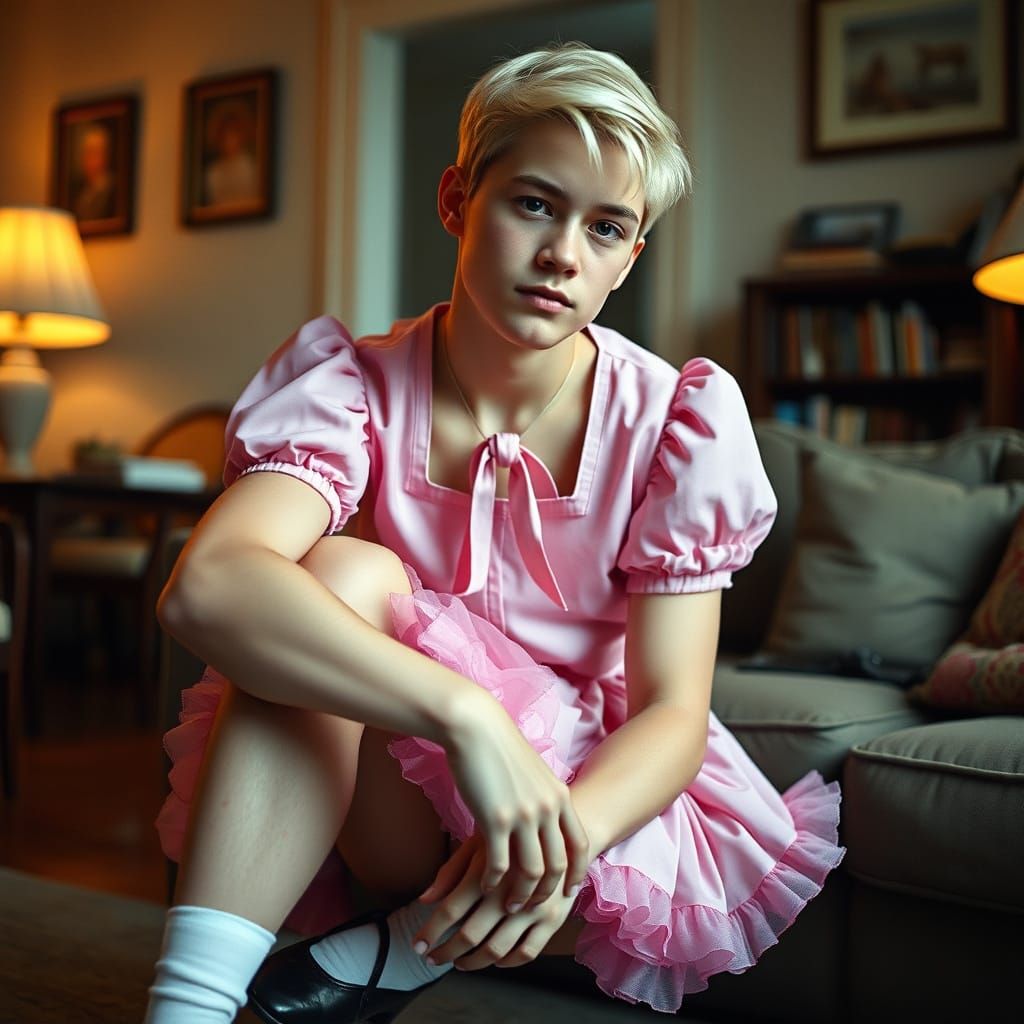 Charming Young Man in Playful Pink Dress