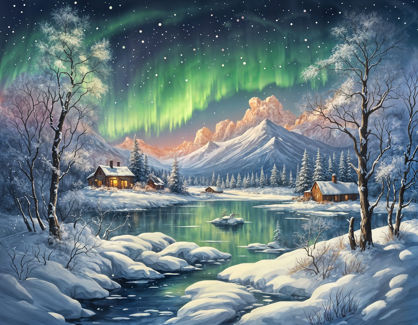 Detailed Vintage Winter Scenery with Aurora