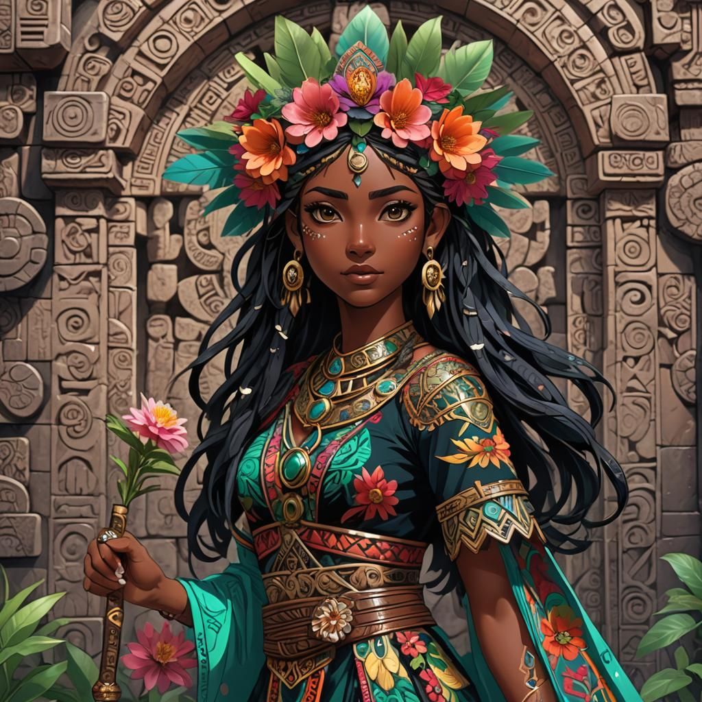 Anime Girl with Mayan Sword in Vibrant Colors