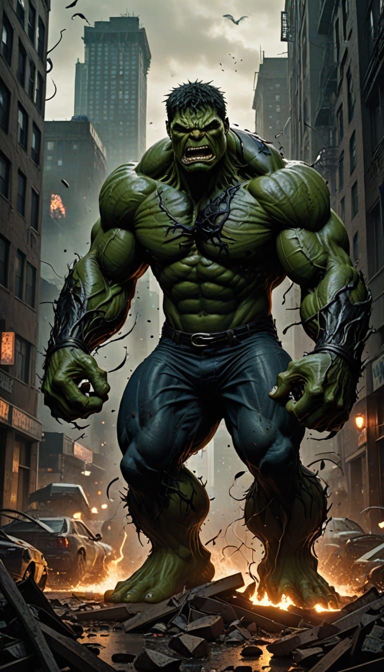 Monstrous Hulk-Venom Hybrid Stands Tall in Darkened Urban La...