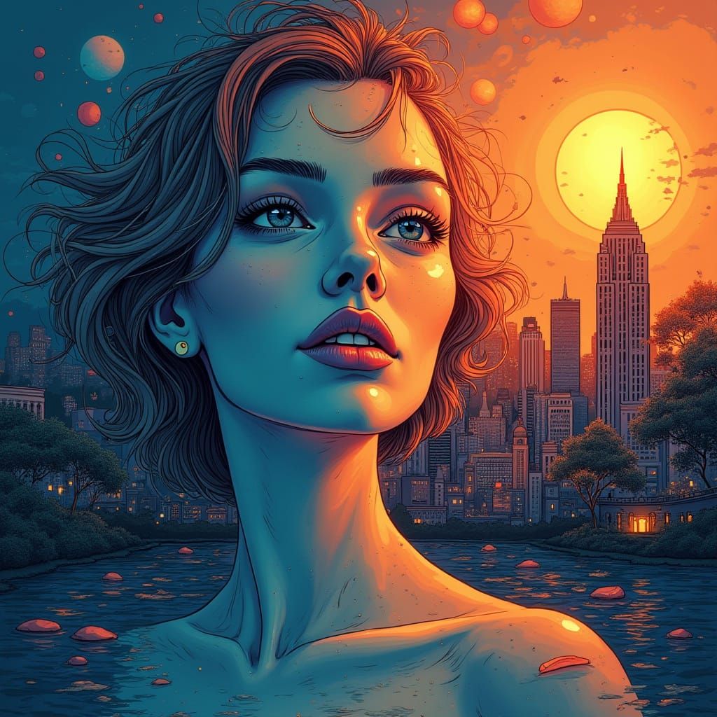 Dreamlike Portrait Merging Cityscapes in a Vibrant Style