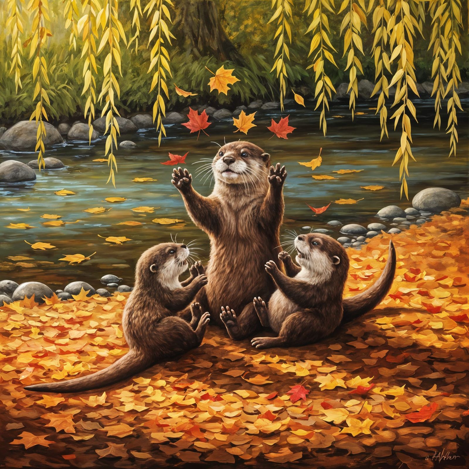 Playful Otters Tumble in Autumn Leaves