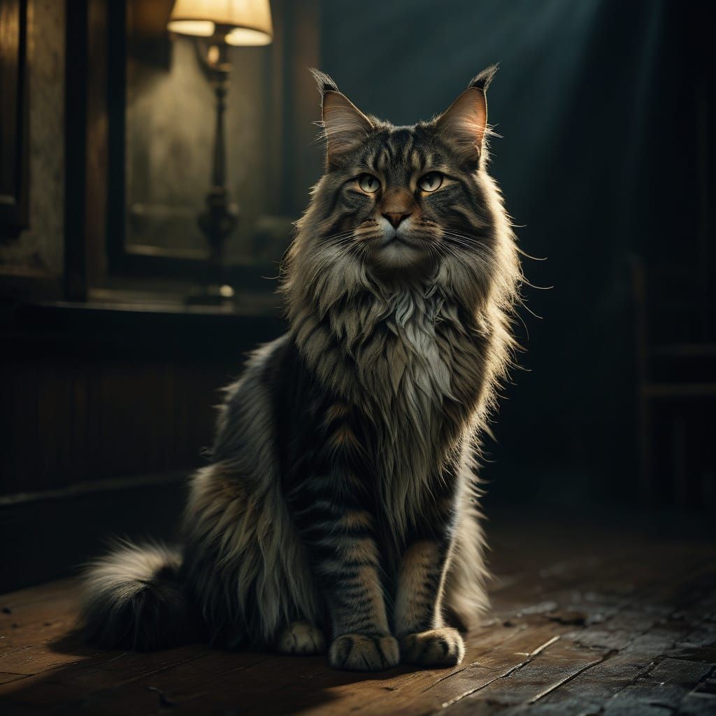 Golden Maine Coon Cat in Dramatic Cinematic Lighting