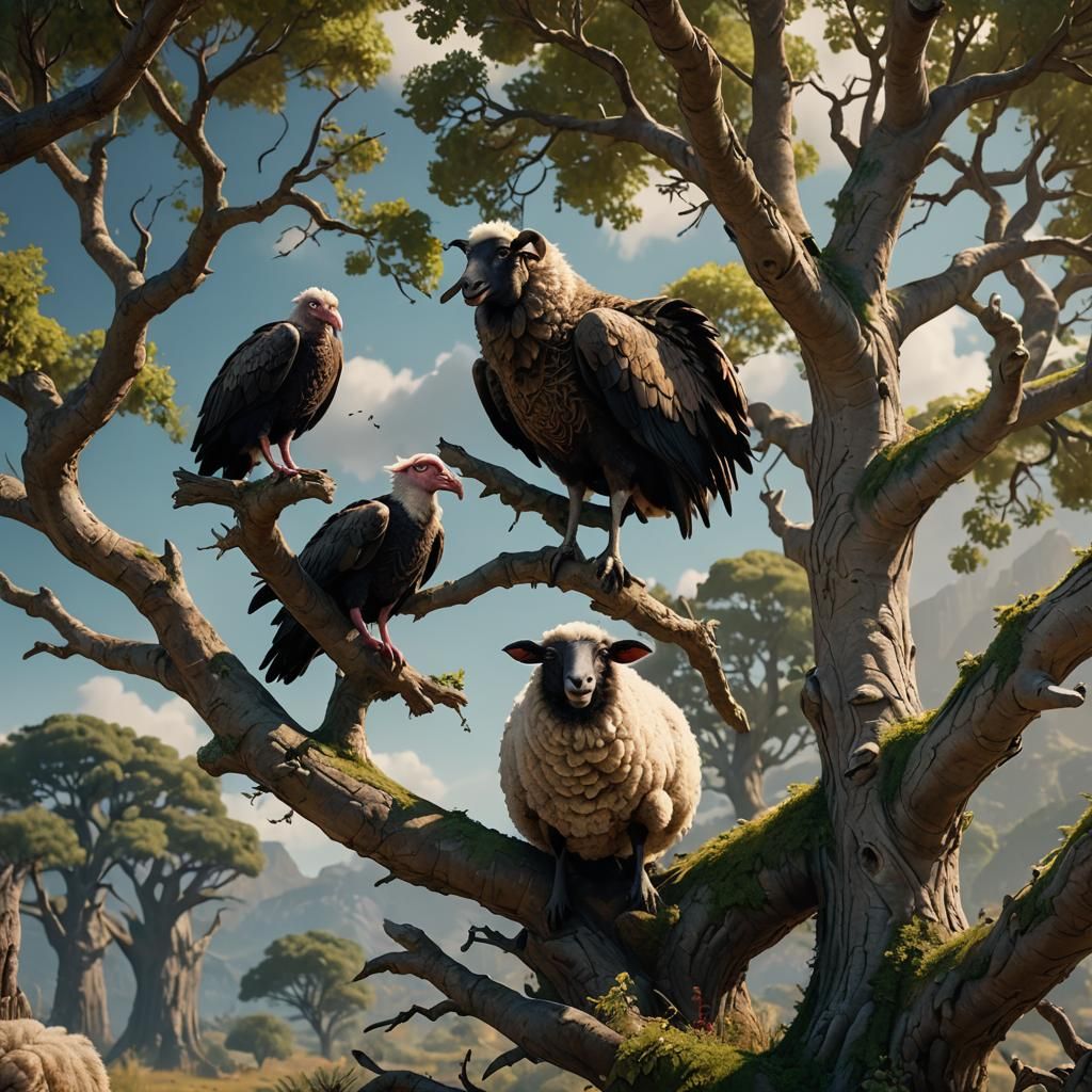 Sheep and Vulture Chat in a Tree
