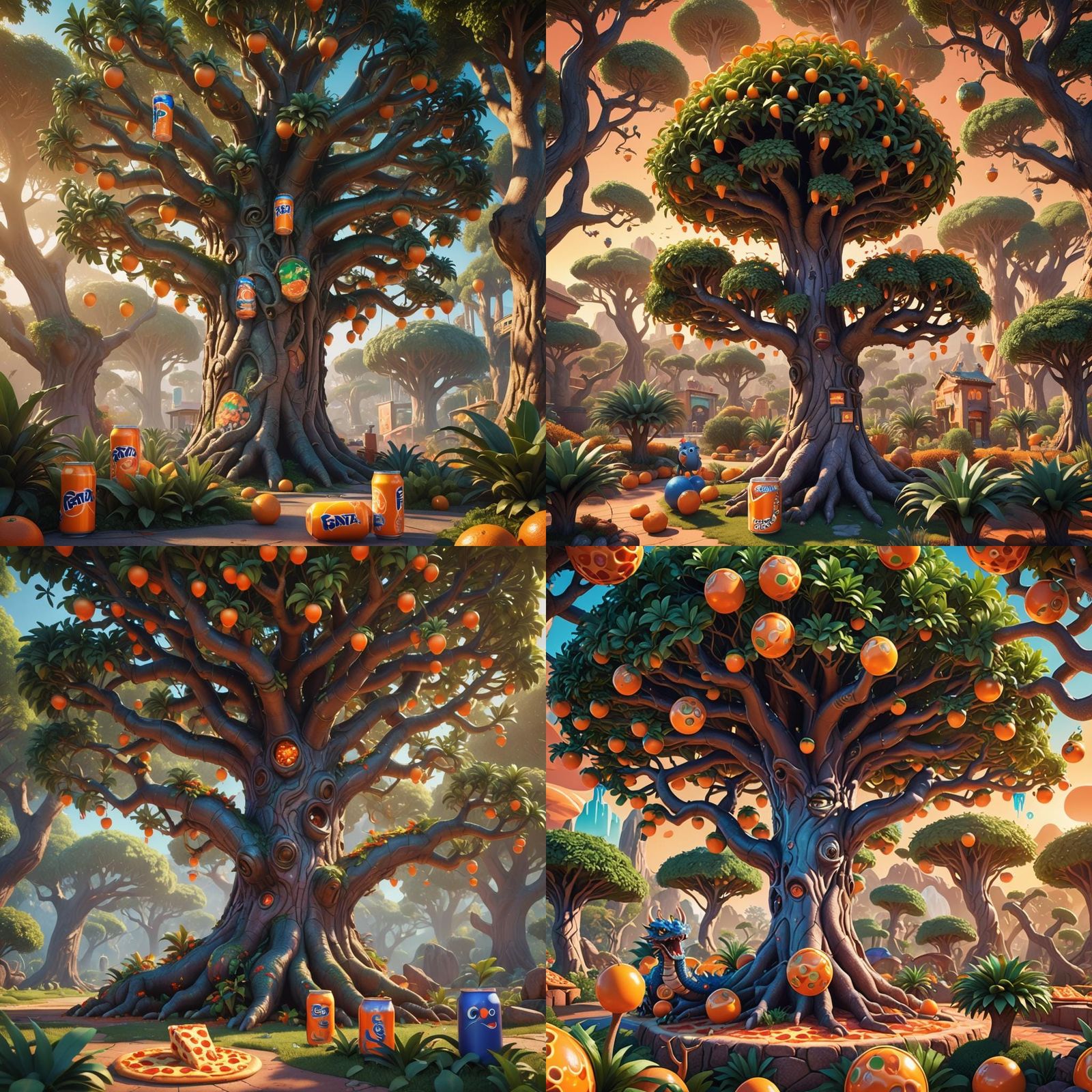 Giant Fanta with Pizza Trees: 3D Digital Art