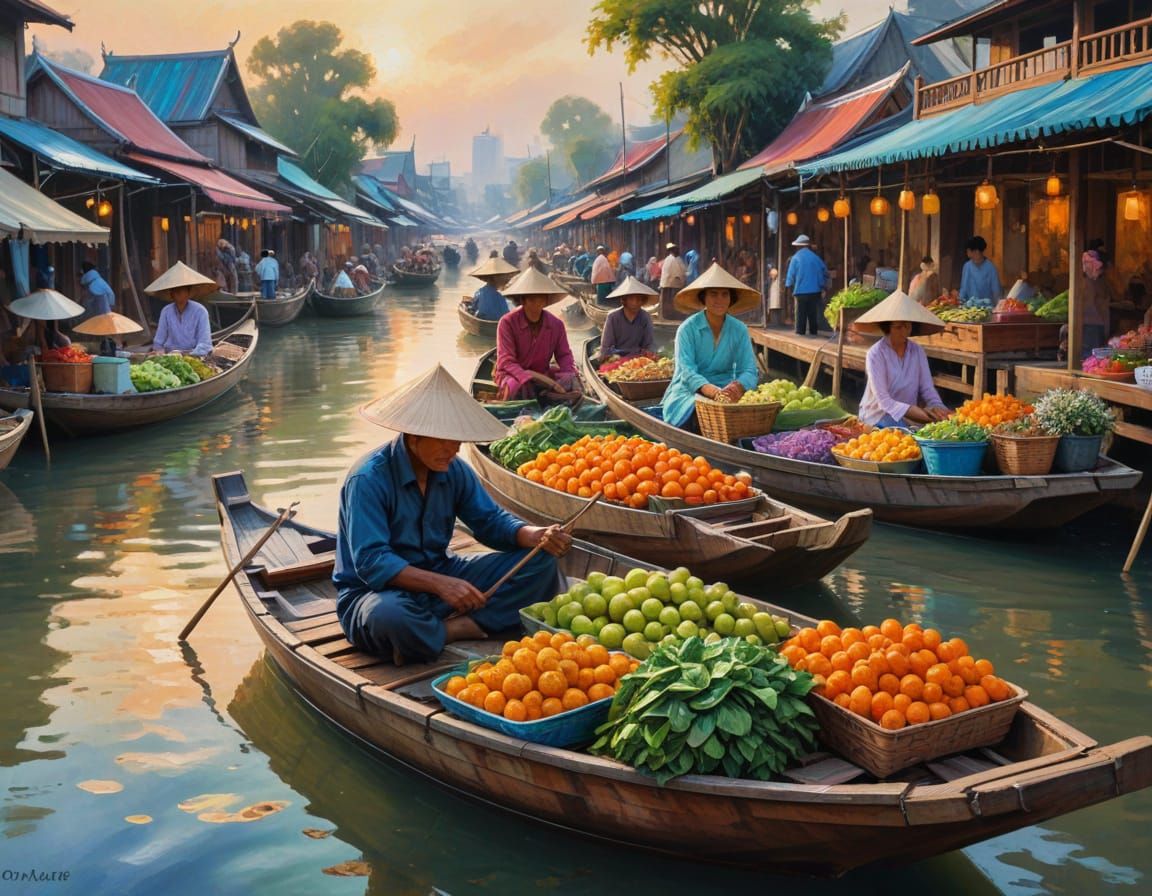 Bustling Thai Floating Market at Dawn