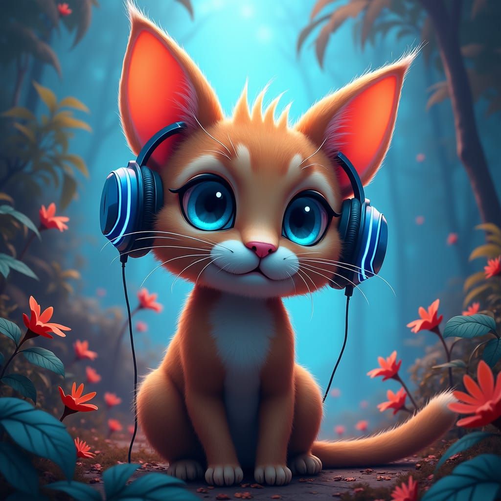 Cyberpunk Cat with Glowing Headphones in Lush Foliage