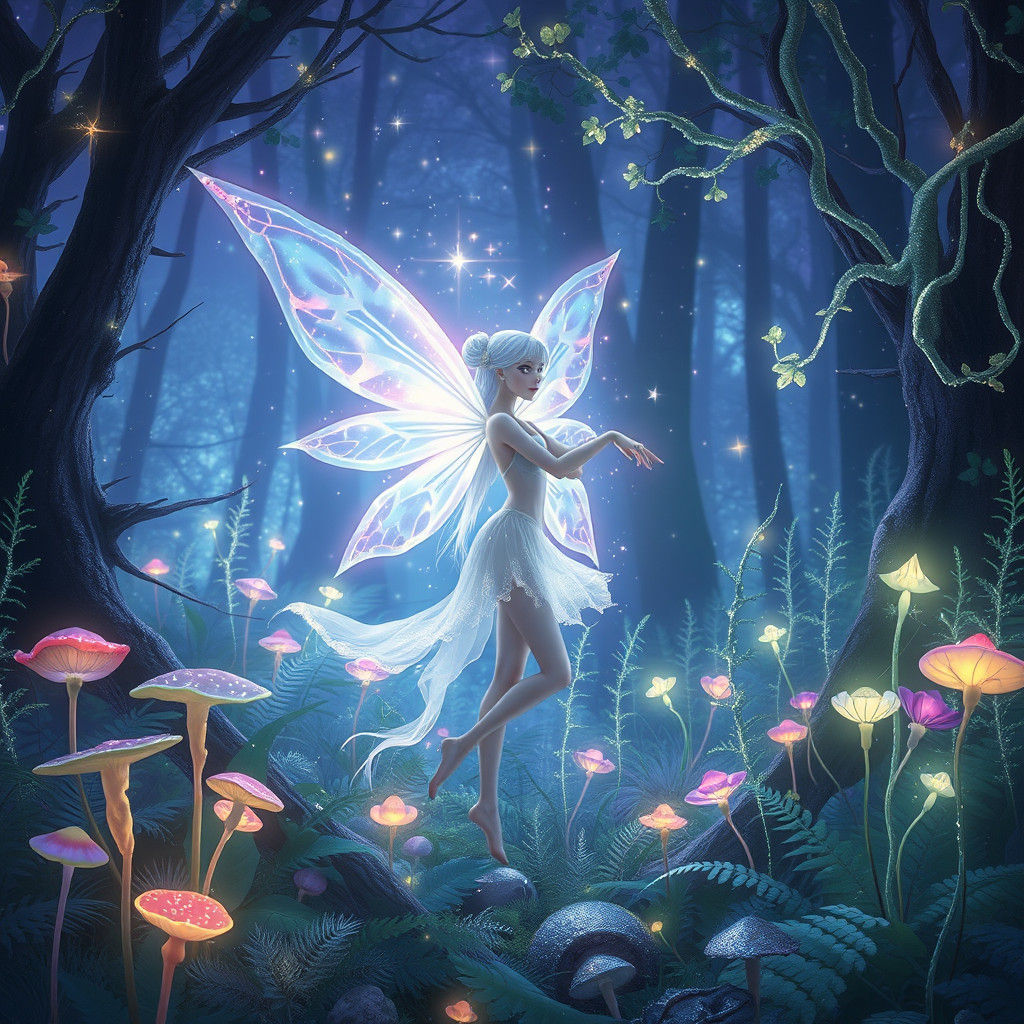 Ethereal Fairy in Bioluminescent Forest