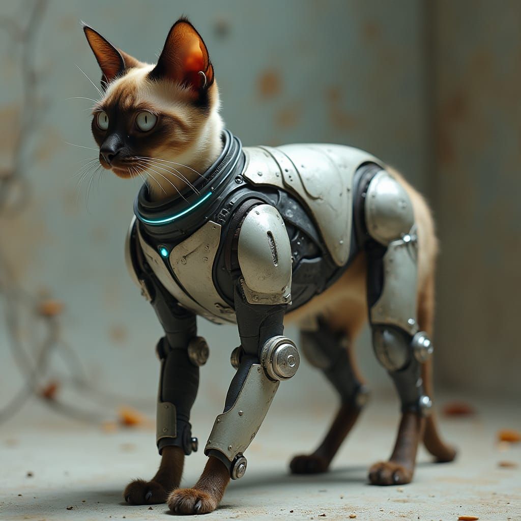 Futuristic Siamese Cat in Metallic Exosuit