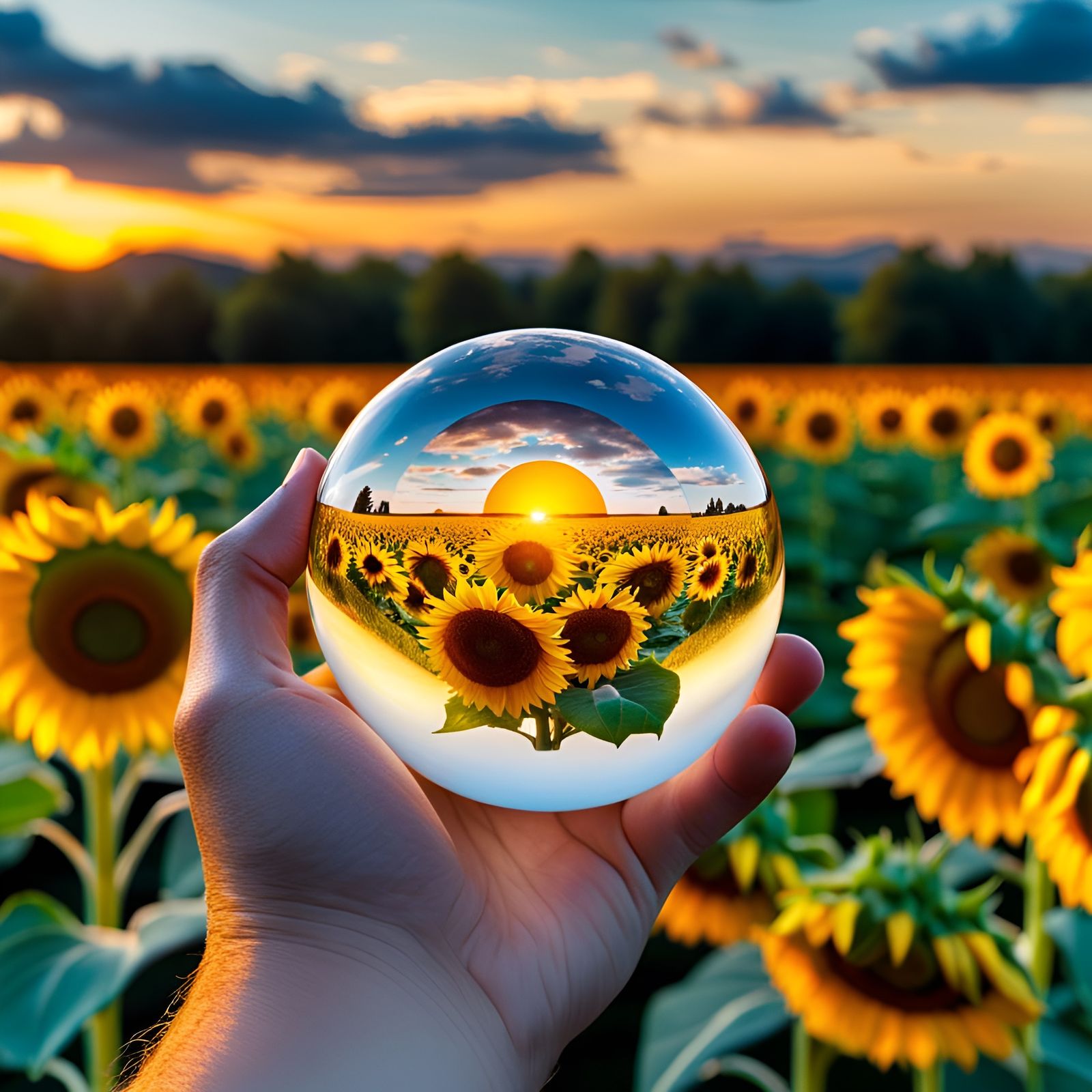 Hand Holding Crystal Ball with Van Gogh Sunflowers
