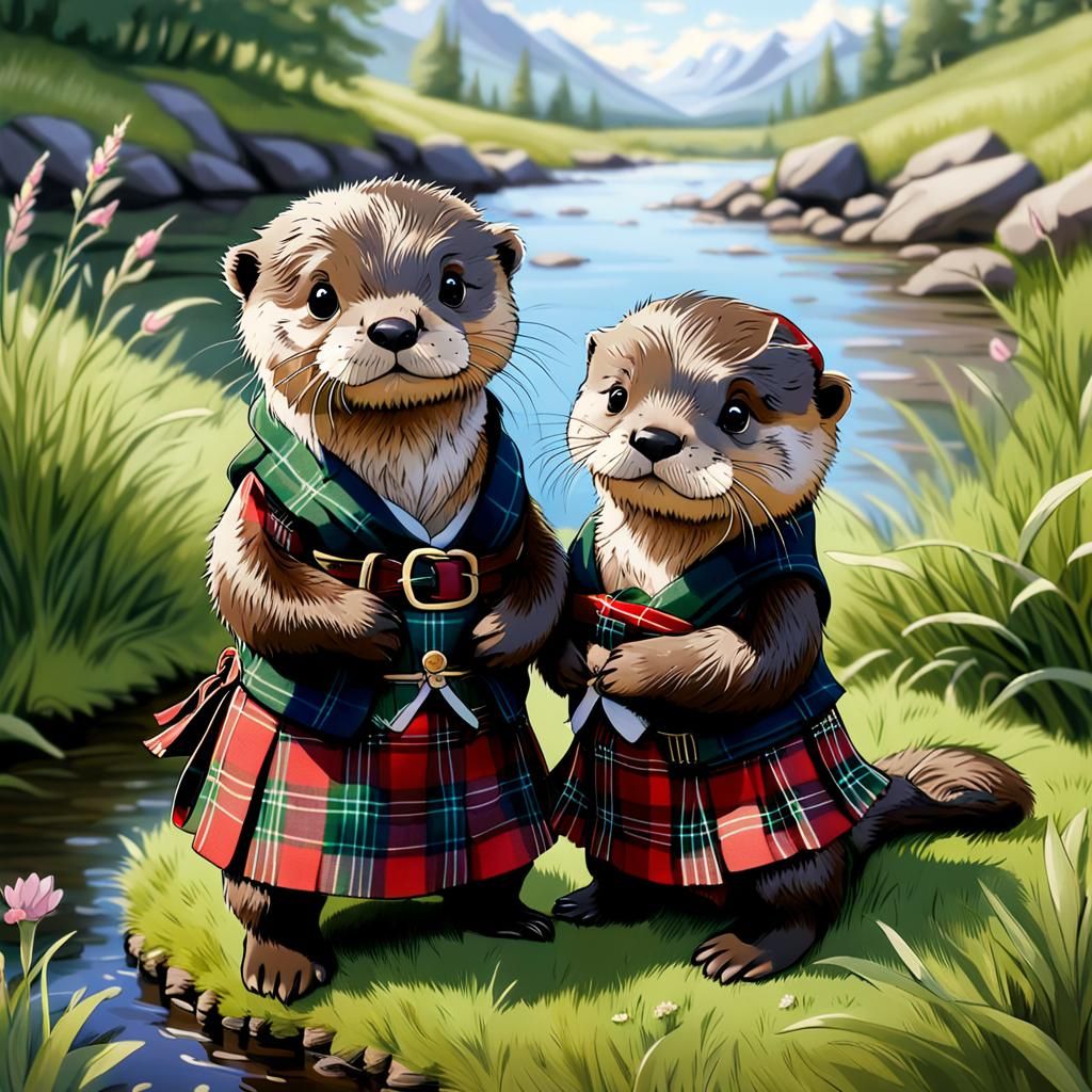Otters in Plaid: A Scottish Sunset Scene