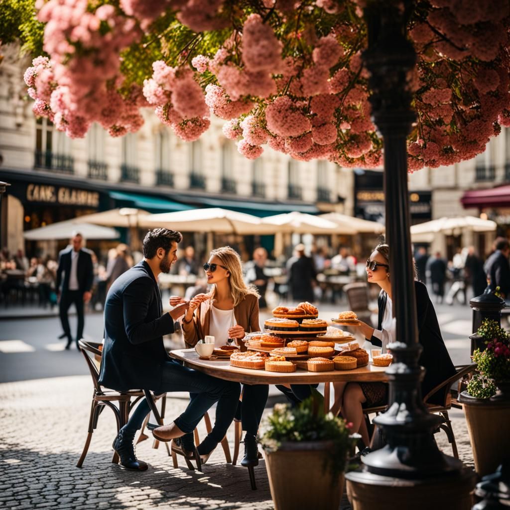 Paris Cafe: Couple Enjoying Pastries in Sunlight