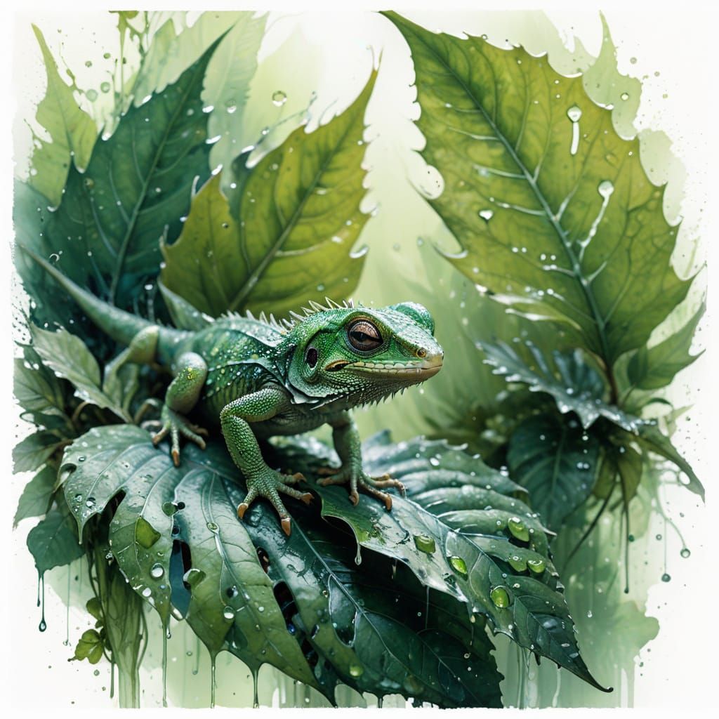 Fan Lizard Hatchling on Emerald Leaf