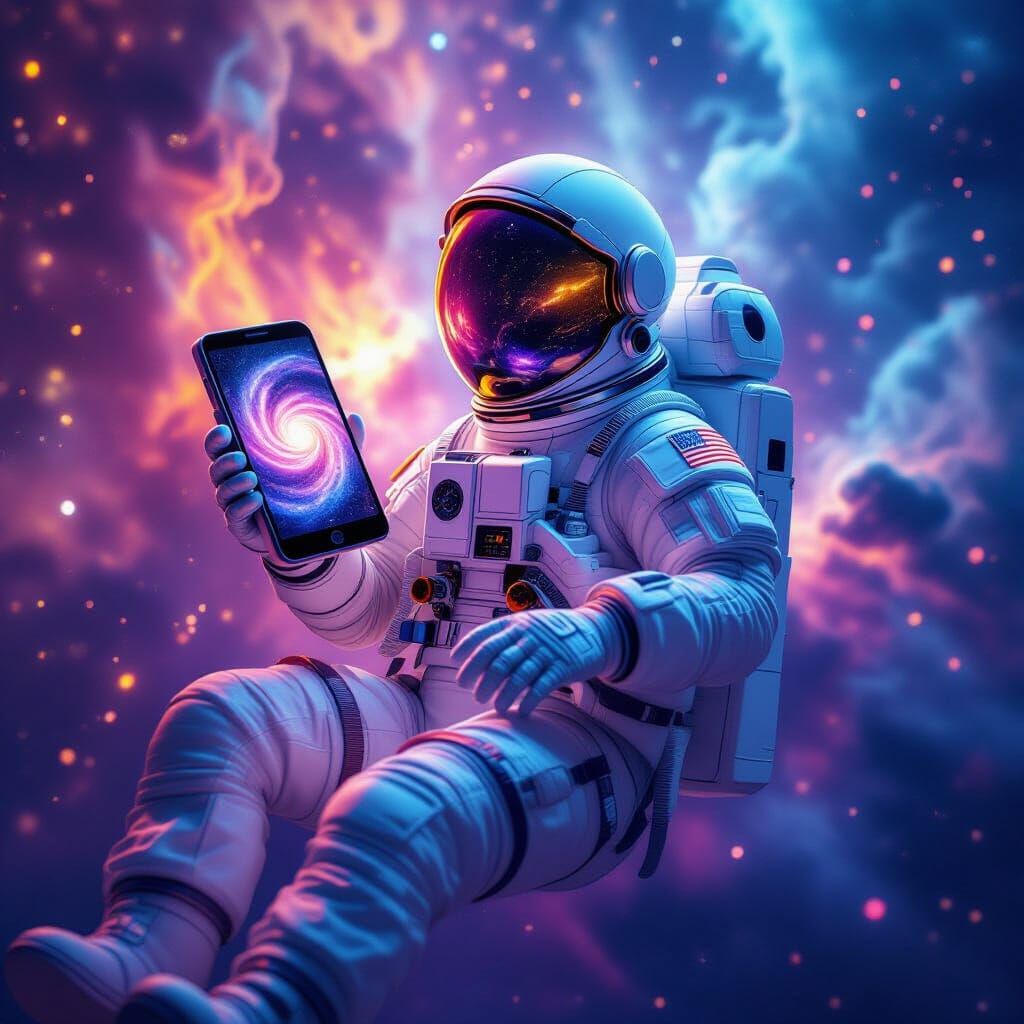 Astronaut Holds Galaxy Phone in Cosmic Nebula