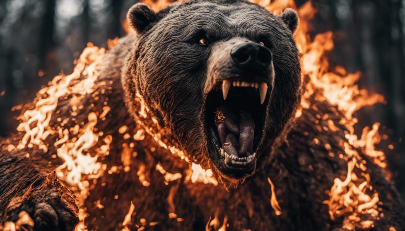 Demented Fire Bear Snarling in Burning Forest