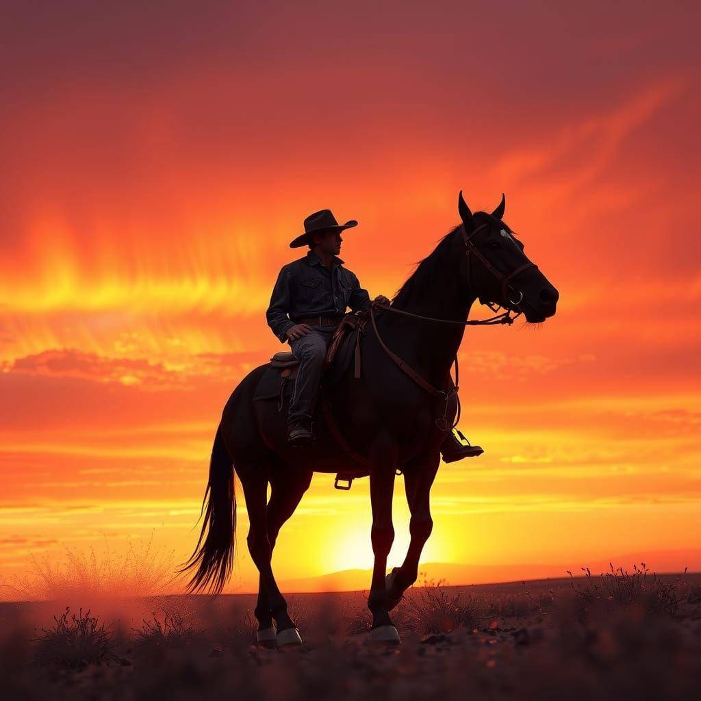 Cowboy Silhouette Riding into Vibrant Sunset, 3D Render