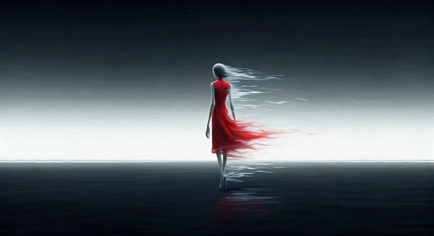 Ethereal Figure in Red Dress: Chinese Ink Painting