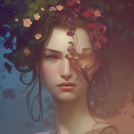 Detailed Portrait with Flowers in Art Nouveau Style