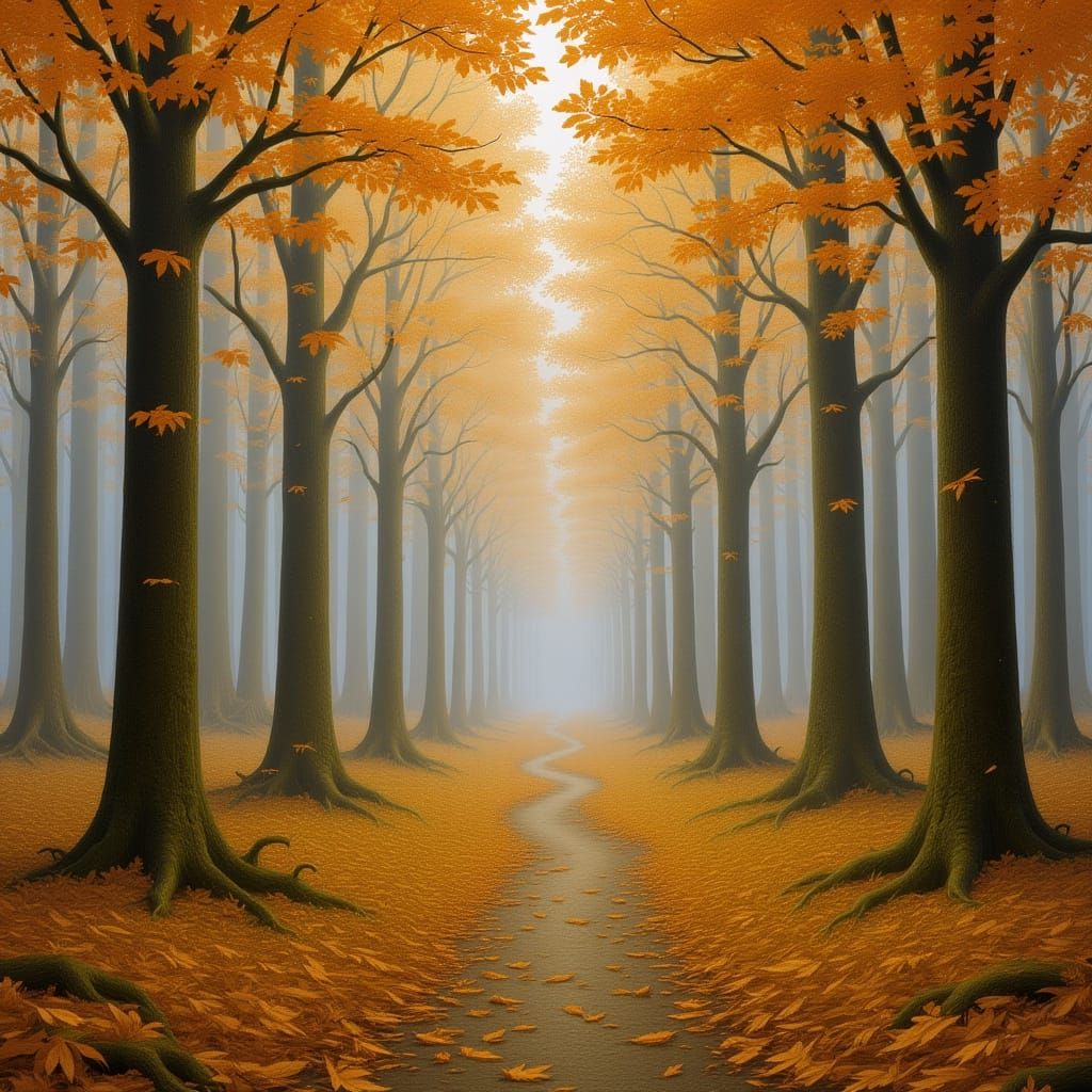 Misty Autumn Forest with Golden Leaves in Soft Light