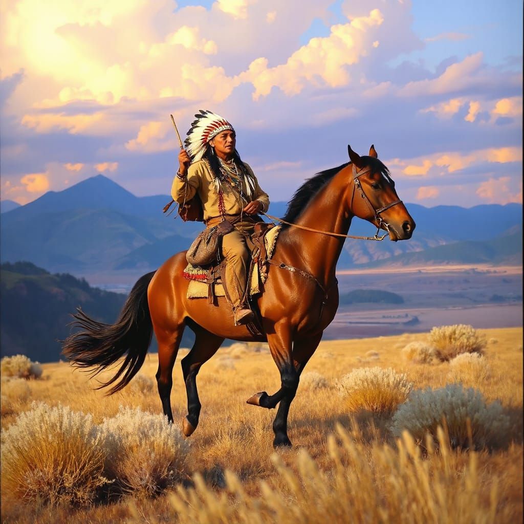 Native American Warrior on Horseback in Frontier Landscape