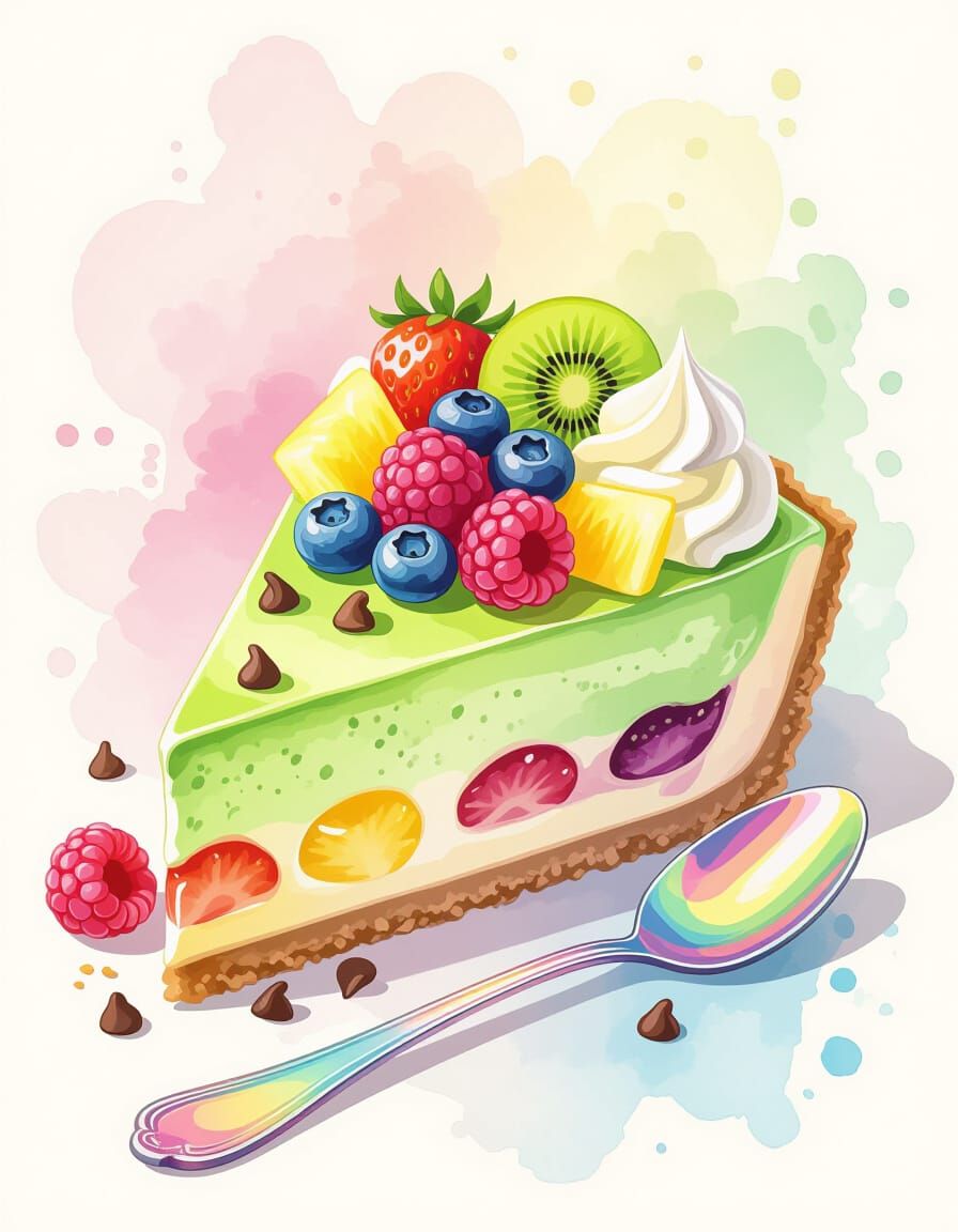 Rainbow Matcha Cheesecake in Watercolor Style