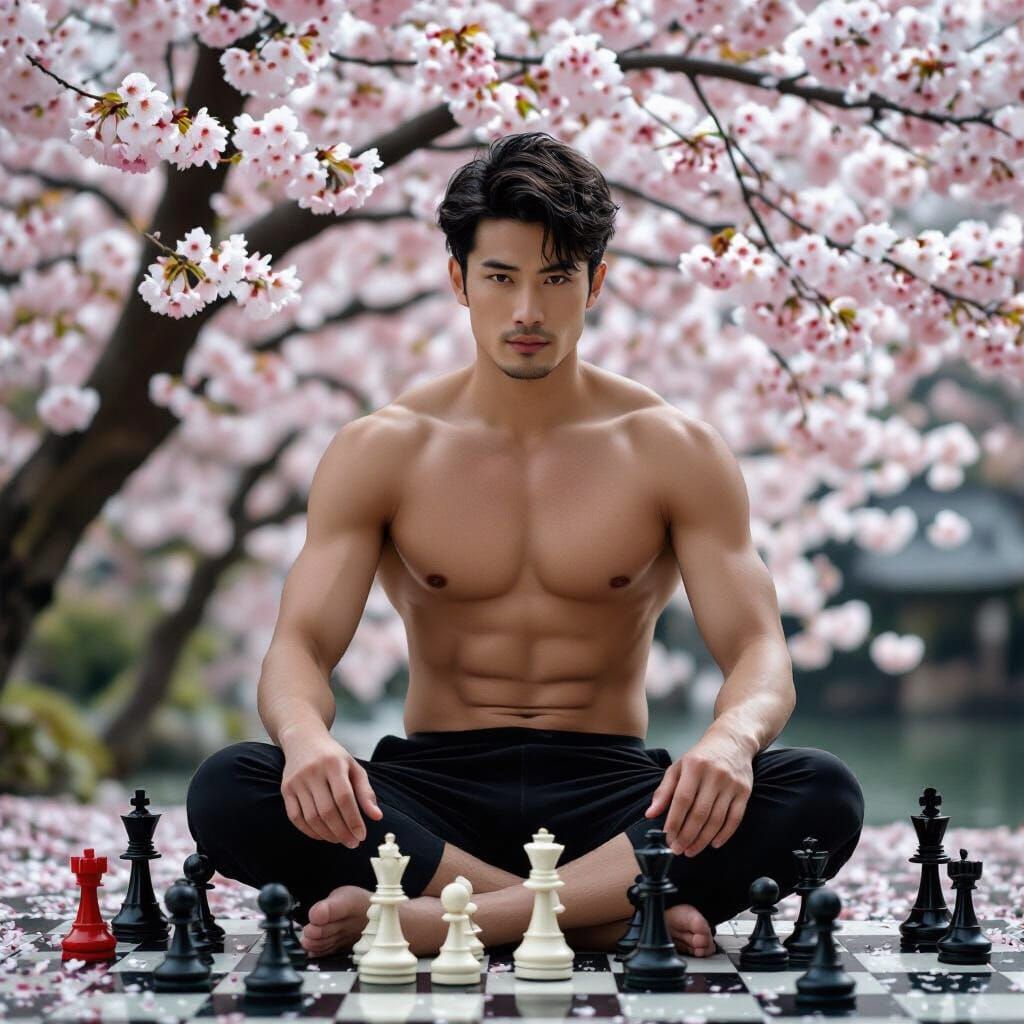 Minimalist Sumi-e Chess Game Under Sakura Blooms
