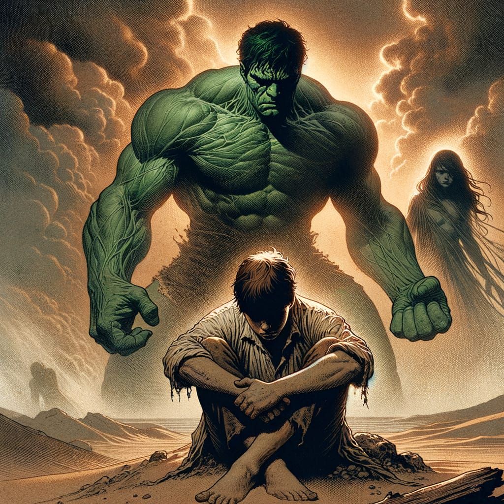 Comic Book Style Desolate Wasteland Boy with Ghostly Figures