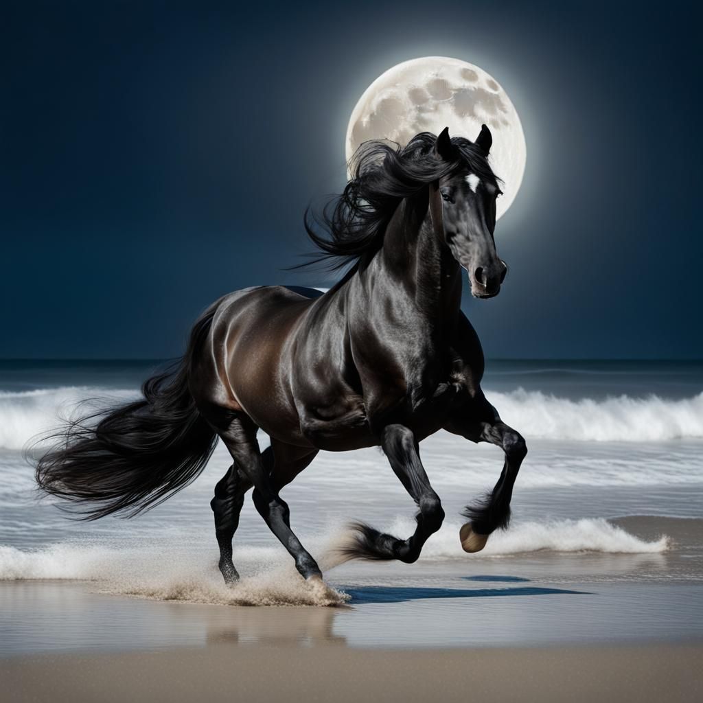 Friesian Horse Galloping on Beach at Night