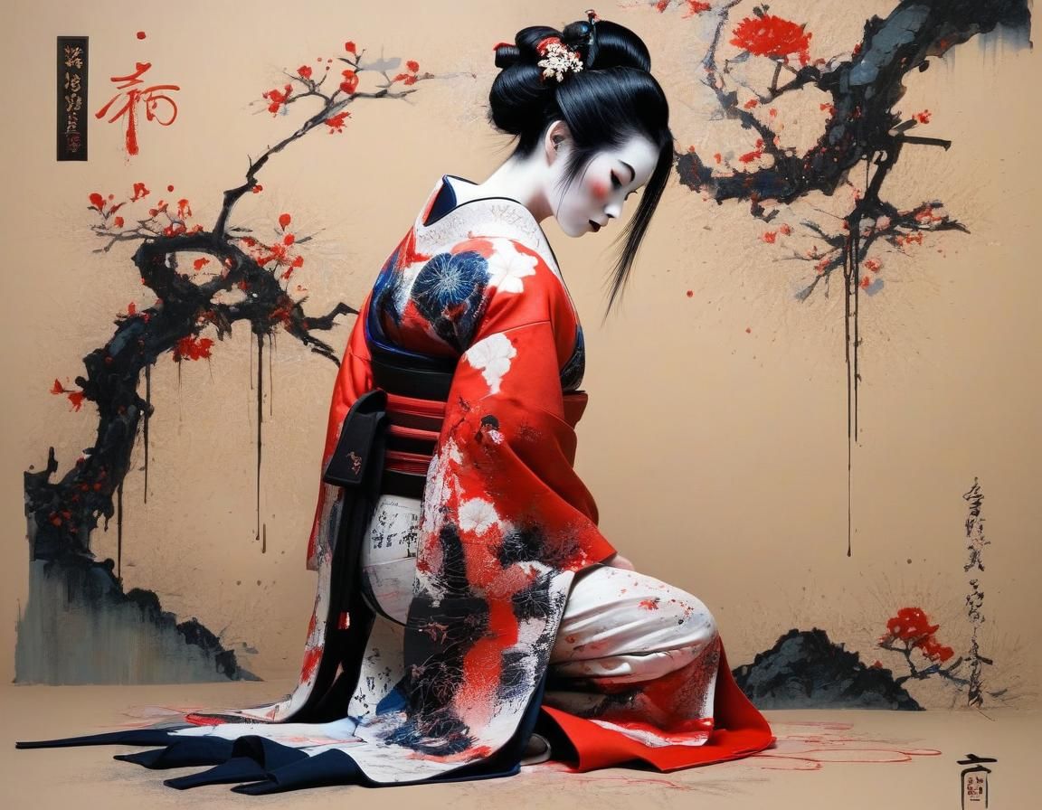 Geisha Writing Calligraphy in Detailed Impasto Style