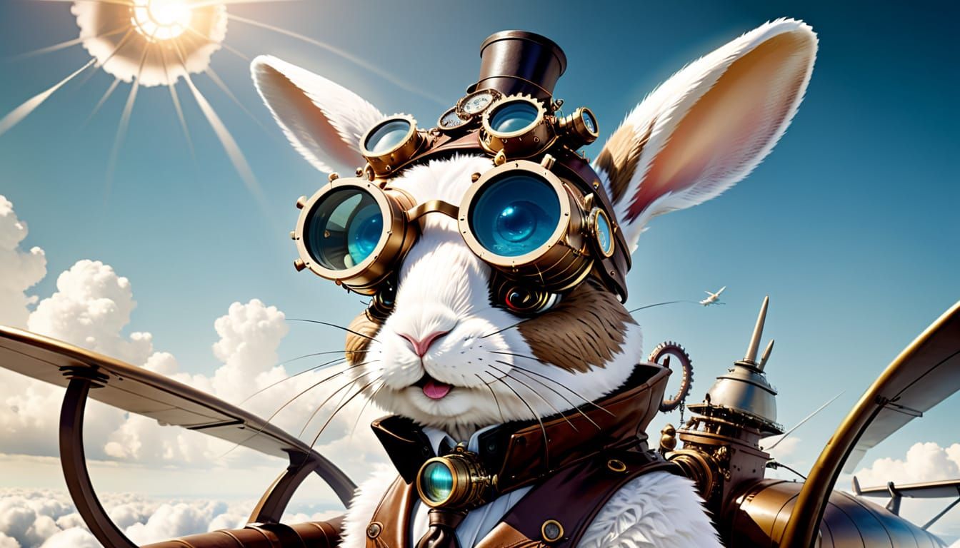 Surreal Steampunk Art of a Rabbit in Flight