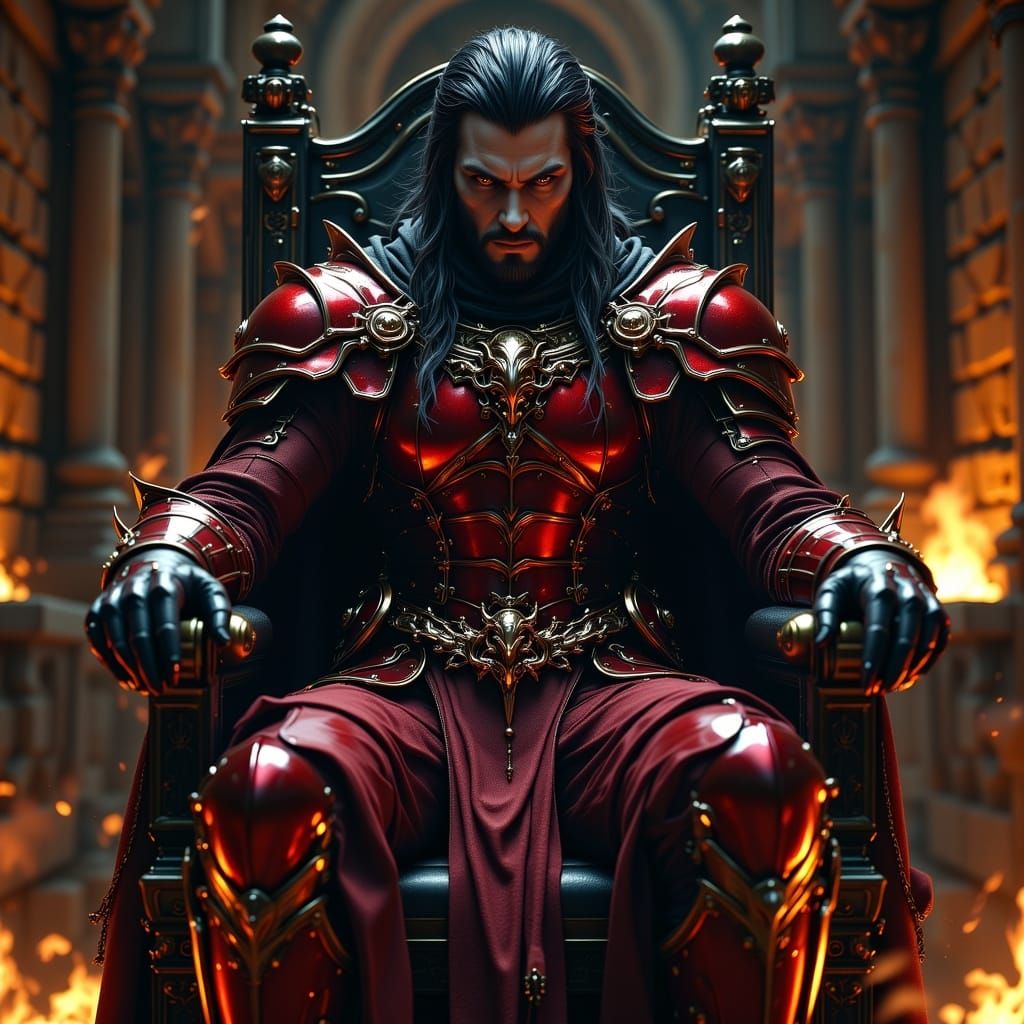 Dark Lord in Burgundy Armor on Skull Throne