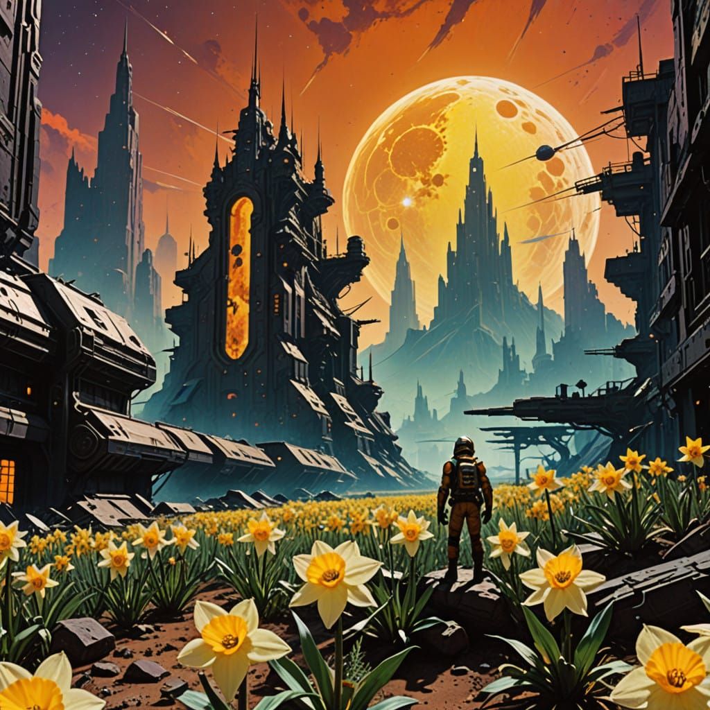 Surreal Cityscape of Daffodils in Ruin