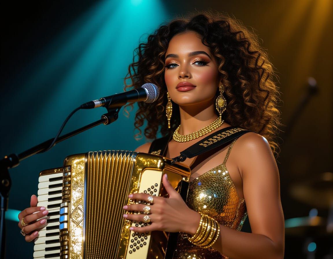 Woman in Gold Dress Plays Accordion