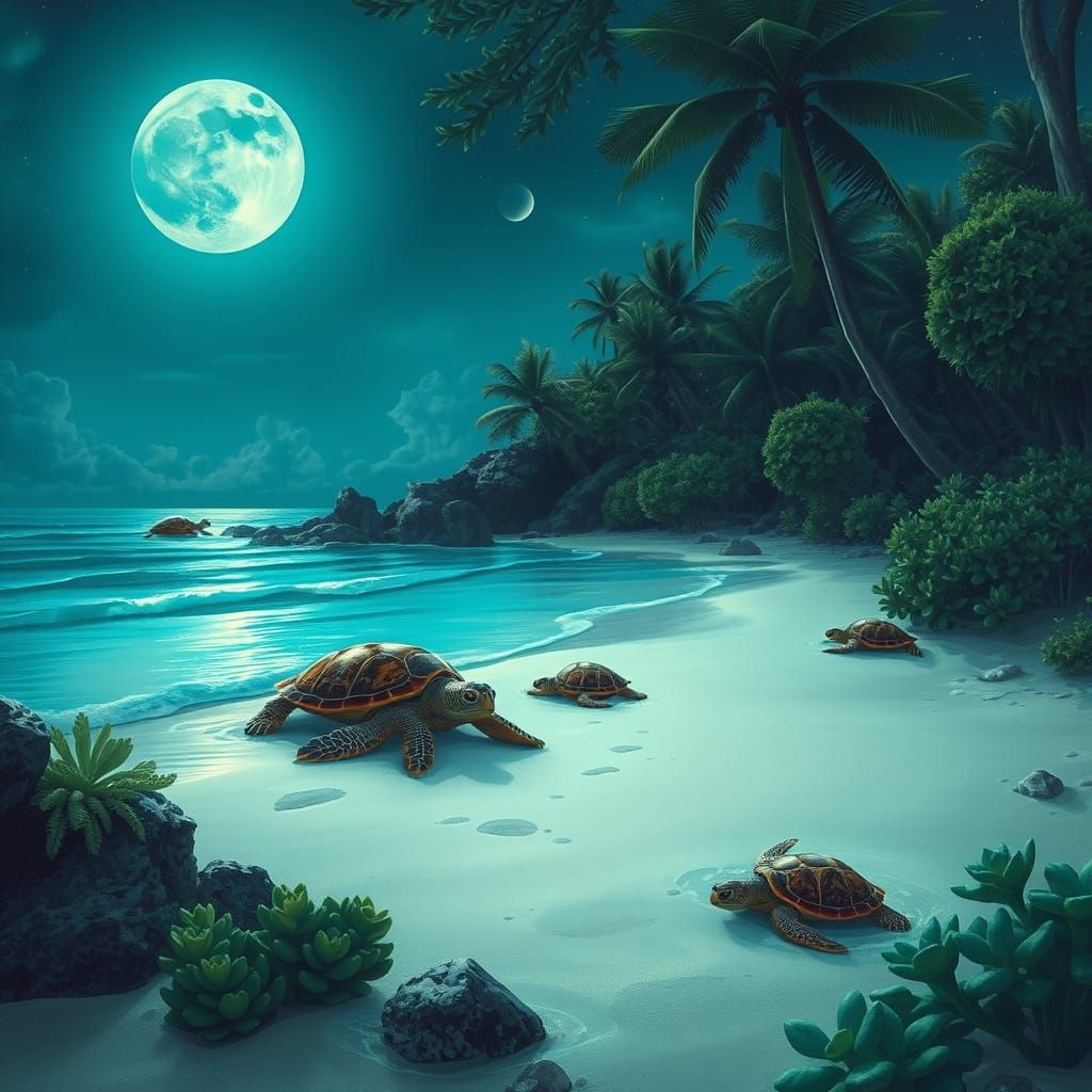 Turquoise Beach Turtle Nesting: Dreamy Digital Painting