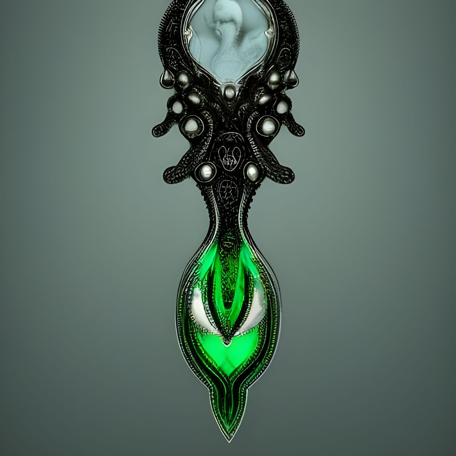 Eldritch Silver Amulet with Emerald Inlays in H.R. Giger Sty...