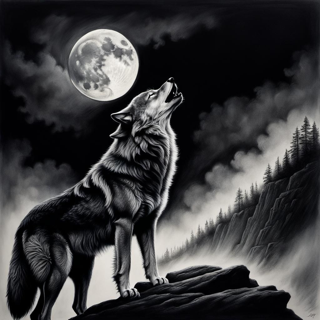 Wolf Howling at Moon Charcoal Drawing