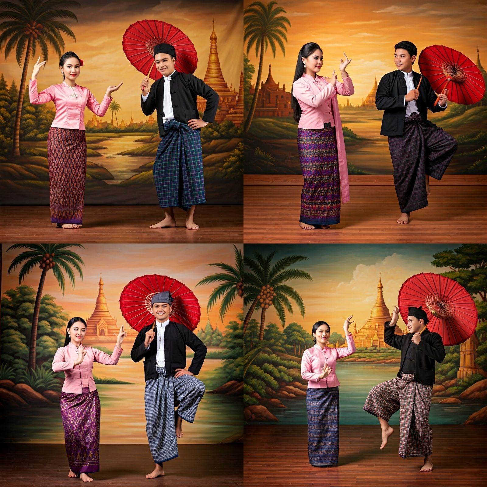 Festive Burmese Dance Scene with Traditional Attire