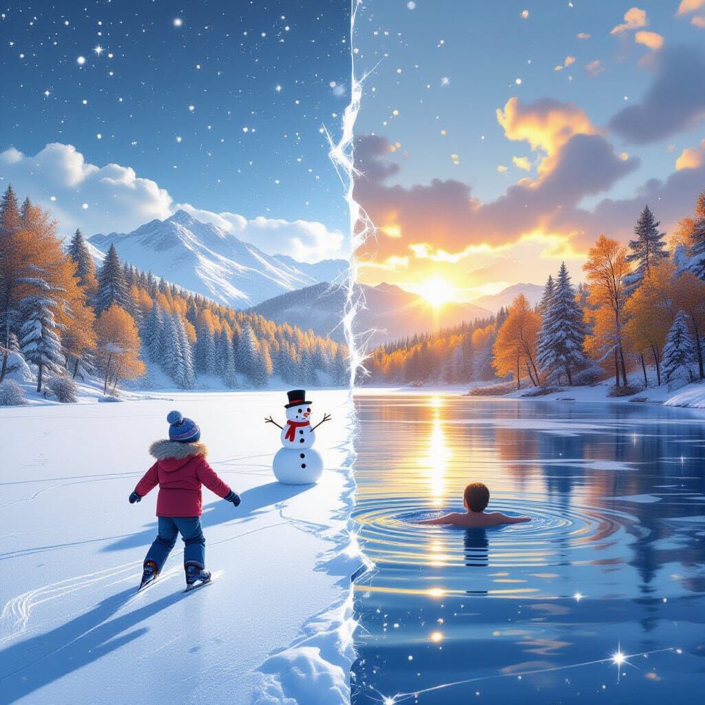 Winter to Summer Lake in Magical Realism Style