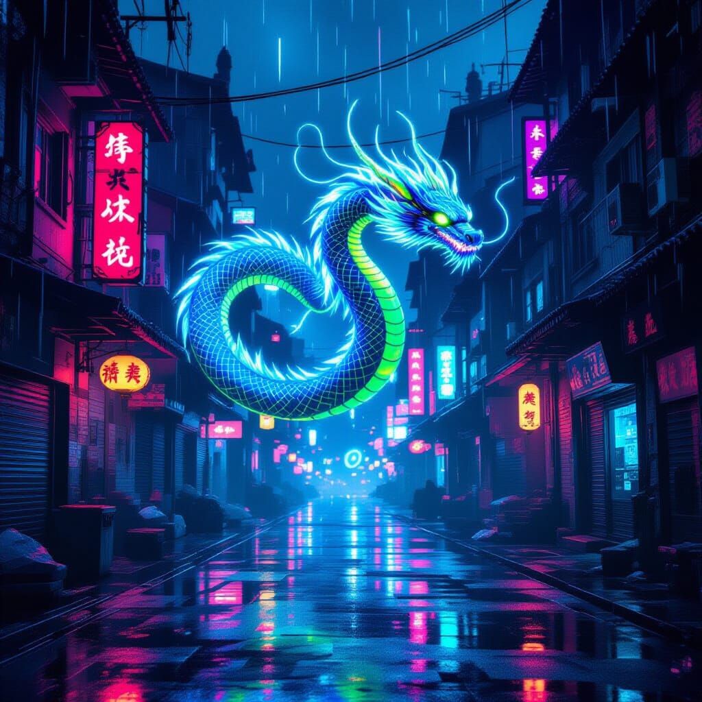 Cyberpunk Dragon Soaring Through Neon Cityscape