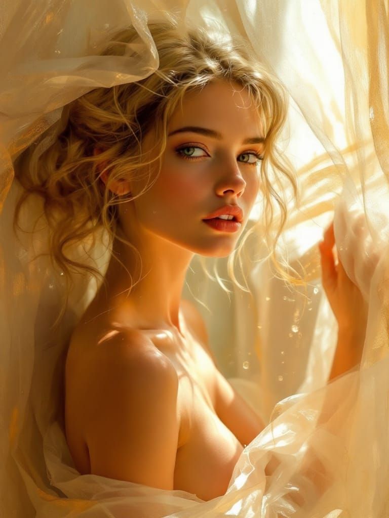 Pin-Up Woman in Golden Hour Light, Wet Transparency