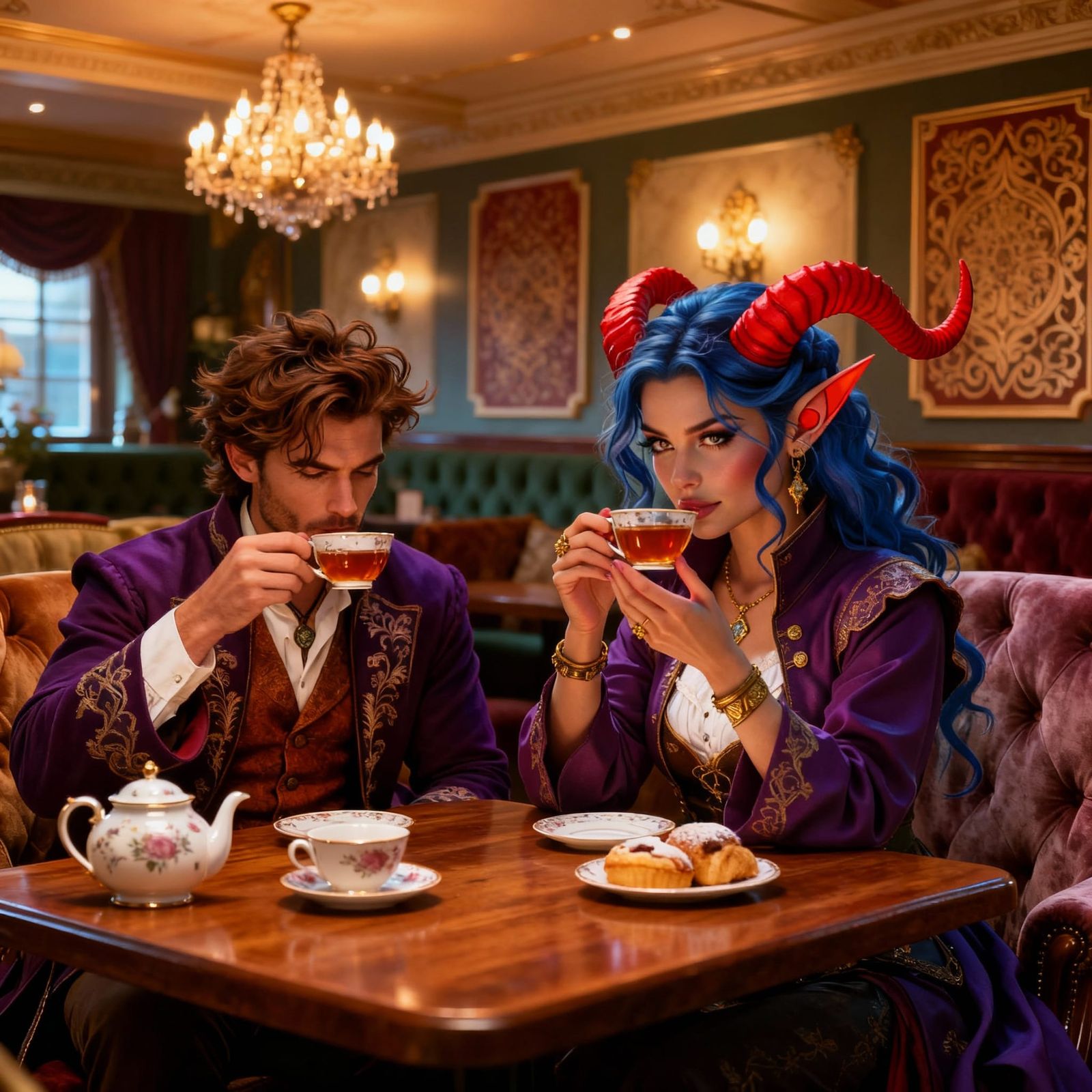 River and Lanner Enjoy Tea in a Fancy Inn