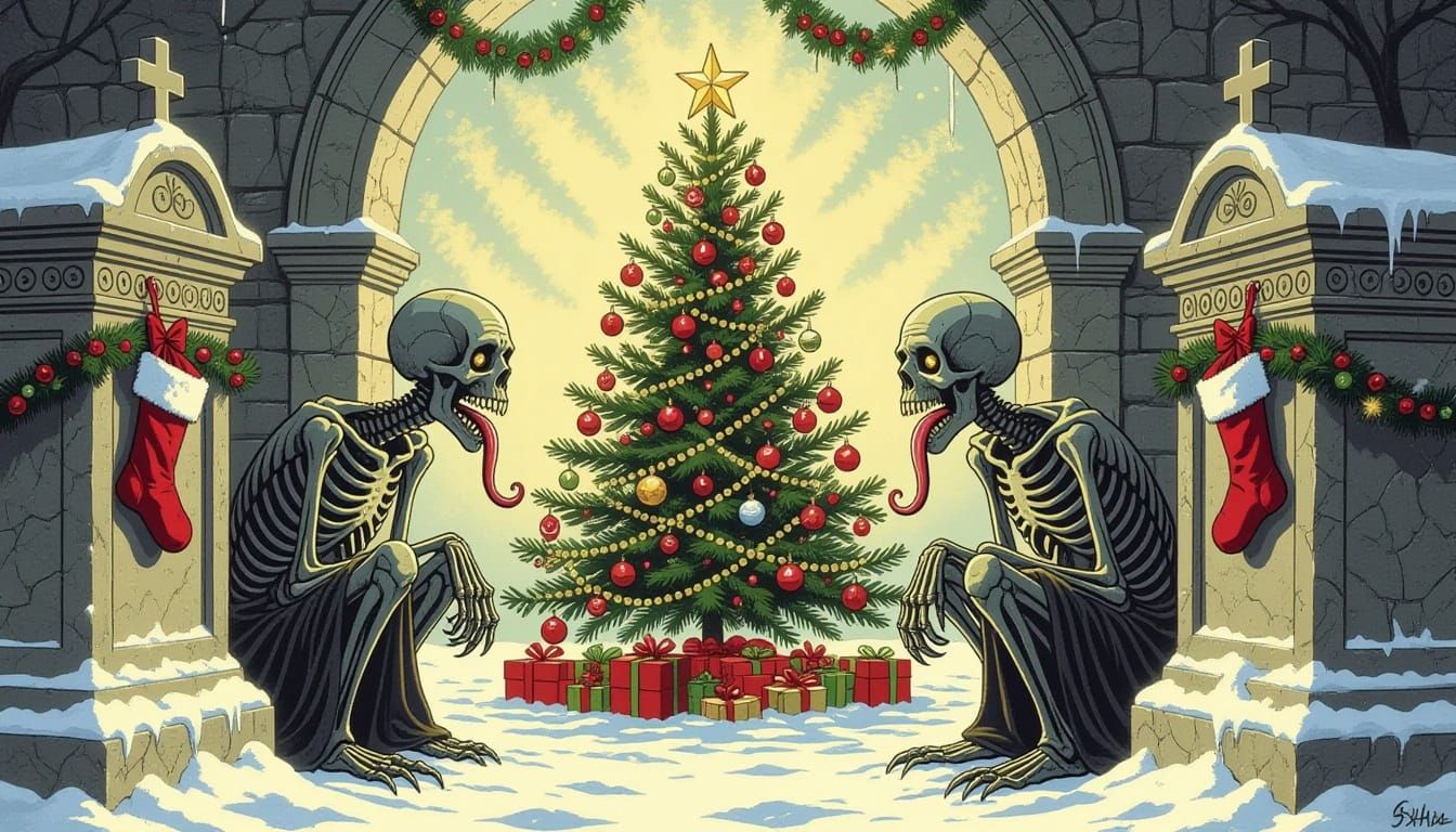 Undead Ghouls Decorate Crypt for Christmas in Norman Rockwel...
