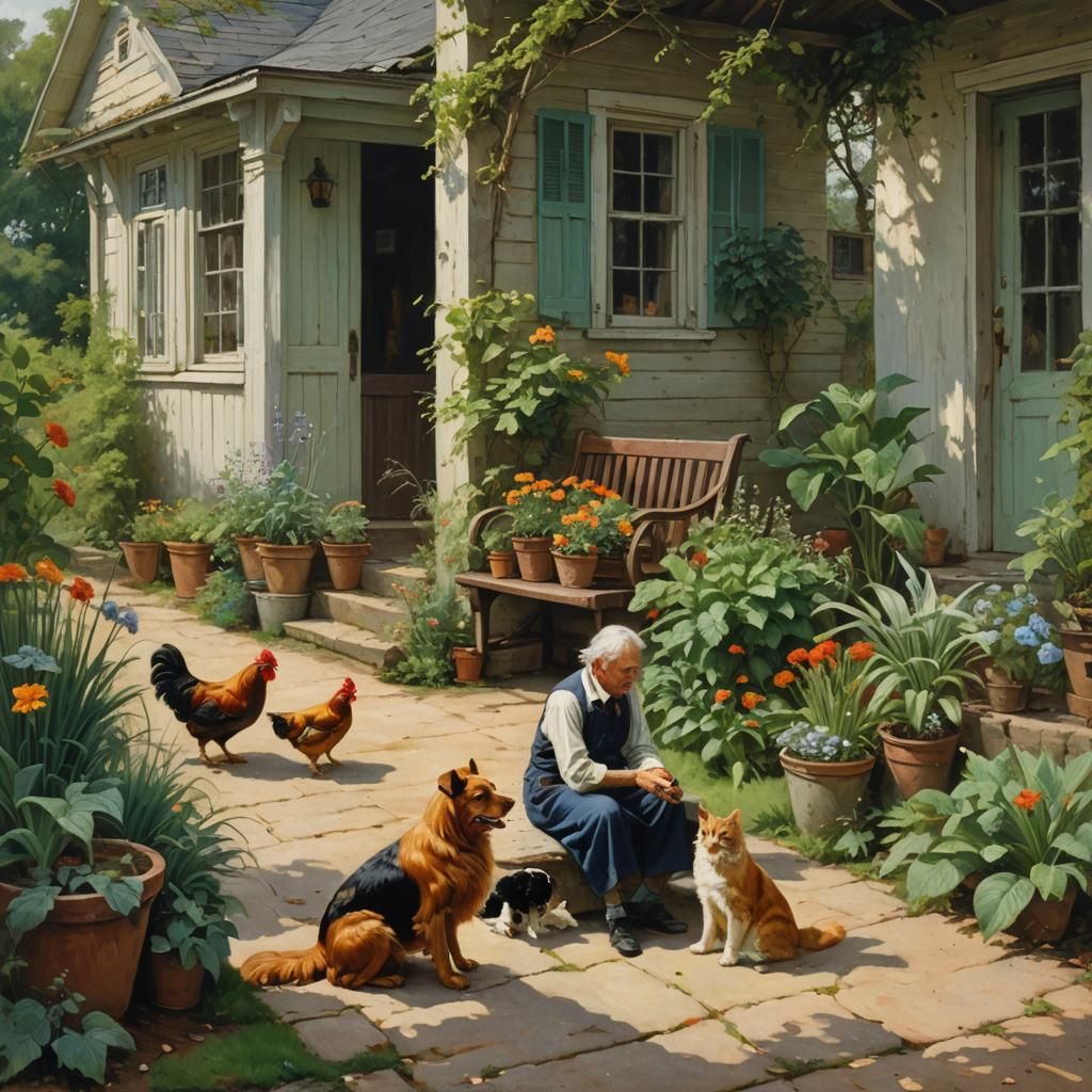 American Country House with Animals in Oil Painting Style