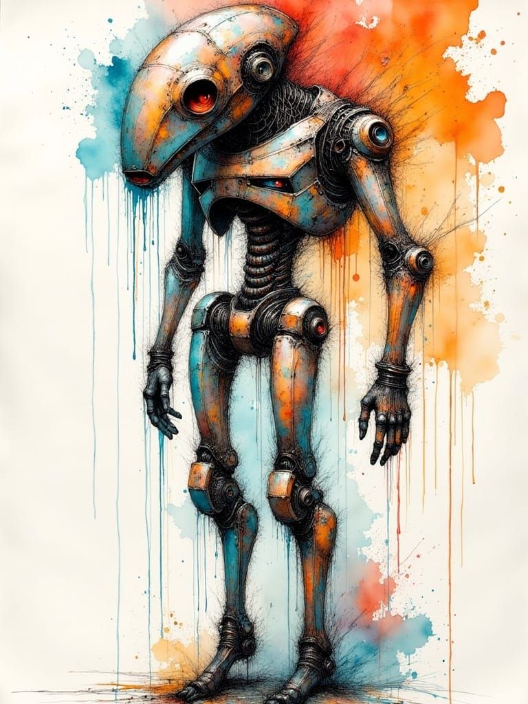Surreal Biomechanoid Figure in Ink Art