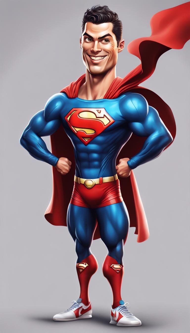superman outfit, funny caricature of Cristiano Ronaldo