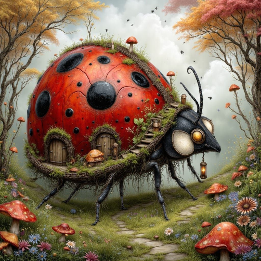 Storybook Hobbit Village on Giant Ladybug in Watercolor Styl...
