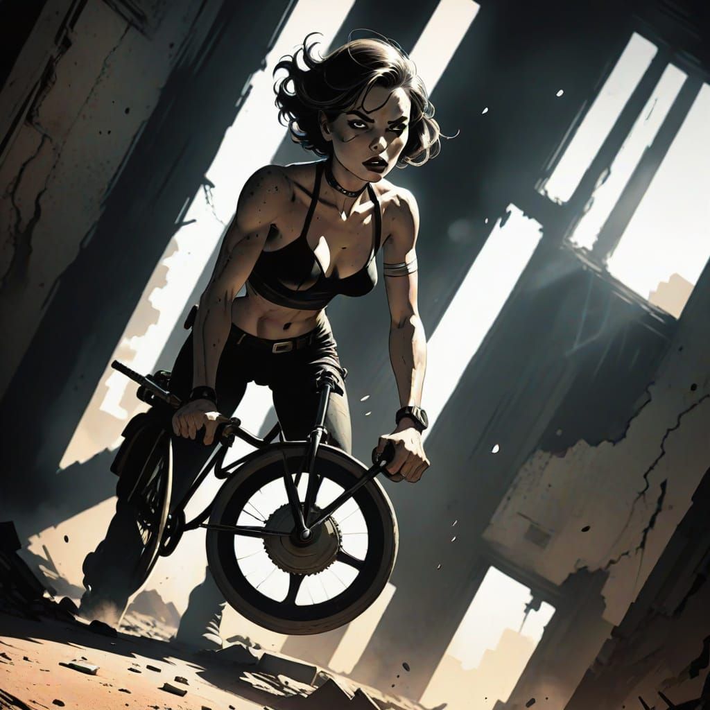 Dystopian Cyclist in Grayscale Comic Art Style