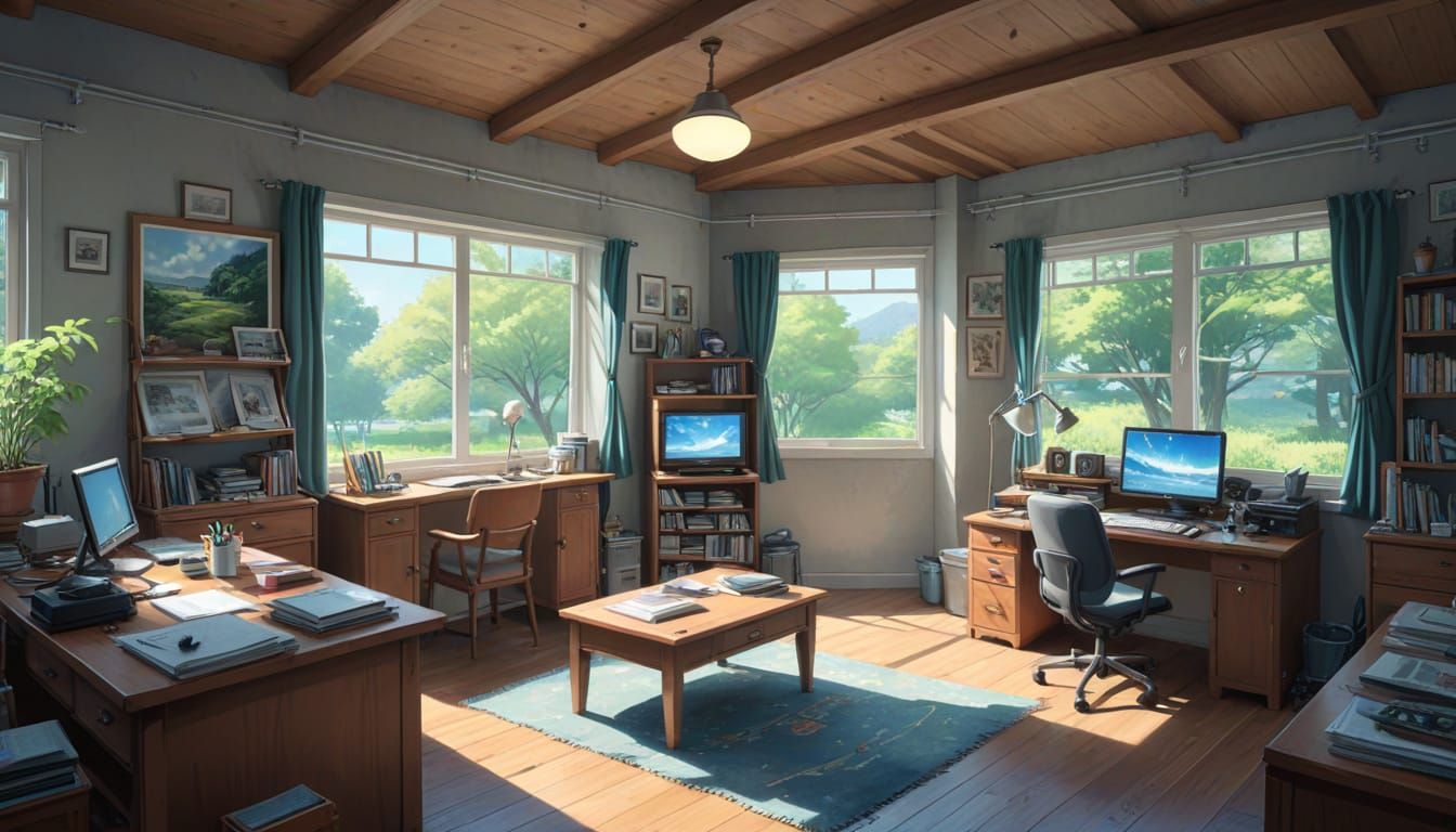 Whimsical 80s Anime-Inspired Office Scene in Chibi Style